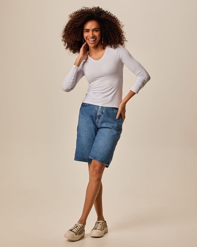 Blusa Básica Feminina Gola V Manga Longa Em Viscose Stretch