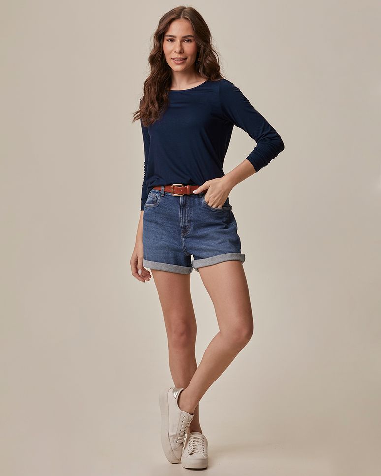 Blusa Básica Feminina Manga Longa Decote Canoa Em Viscose Stretch