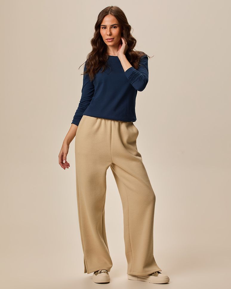 Blusa Básica Feminina Decote Redondo Manga Longa Em Algodão