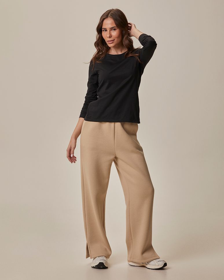 Blusa Básica Feminina Decote Redondo Manga Longa Em Algodão