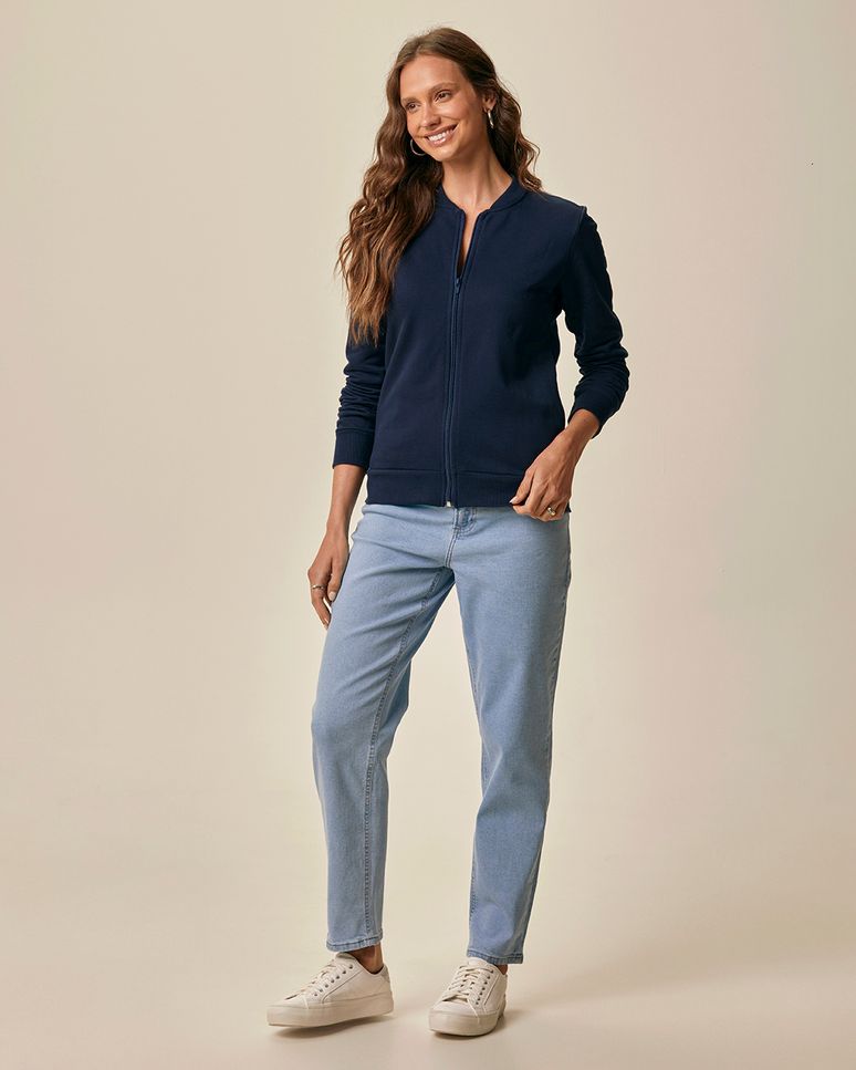 Jaqueta Básica Feminina Bolso Lateral Em Moletom Flanelado