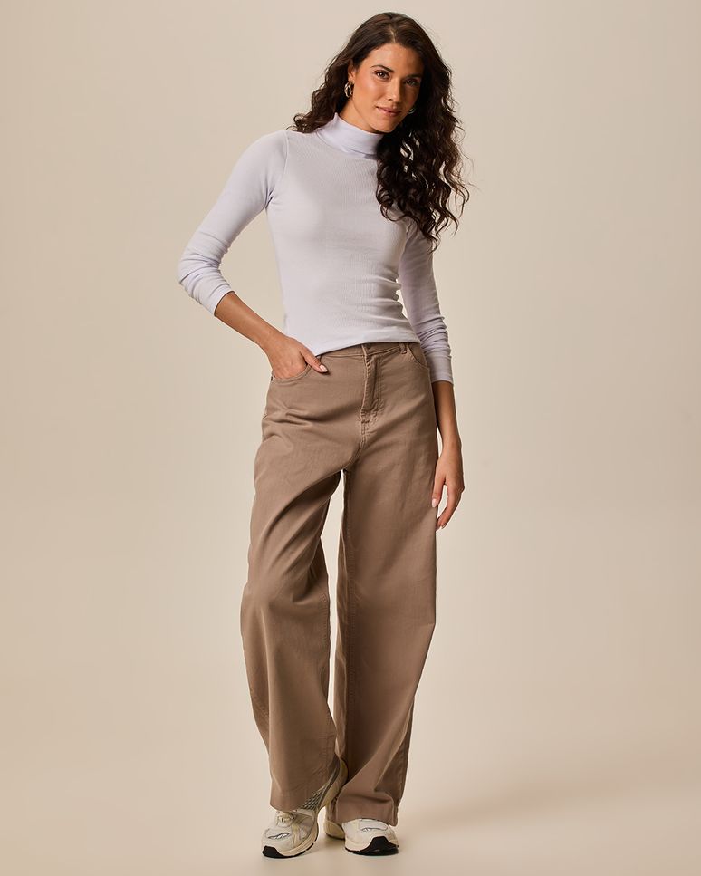 Blusa Básica Feminina Gola Alta Manga Longa Em Ribana