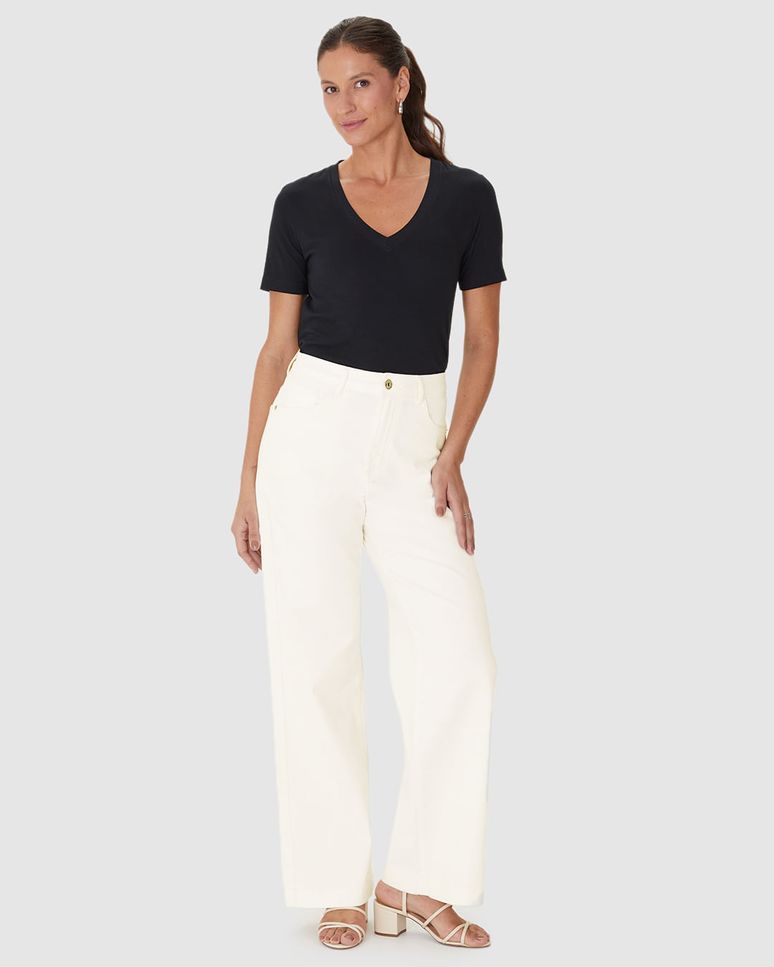 Calça Wide Leg Feminina Cintura Alta Em Sarja Com Elastano