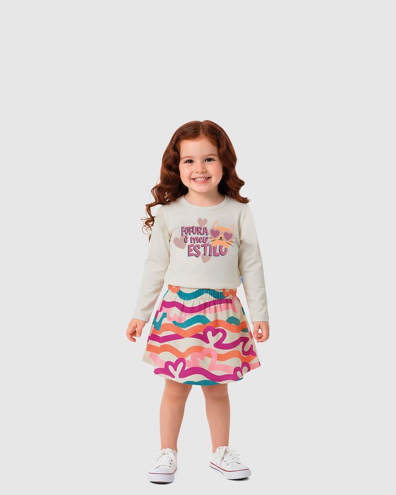 Conjunto Infantil Menina Blusa Manga Longa E Saia Estampada Malwee Kids