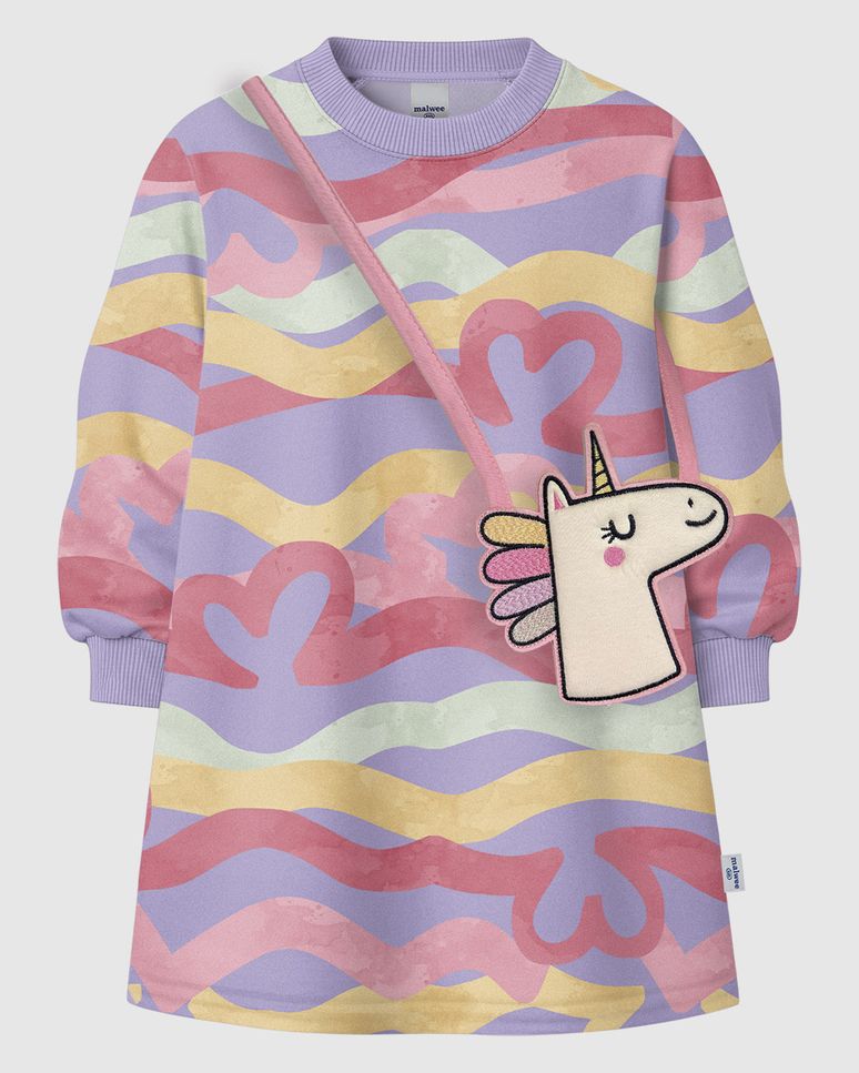 Vestido Infantil Estampado Manga Longa Acompanha Bolsa Em Moletinho Malwee Kids