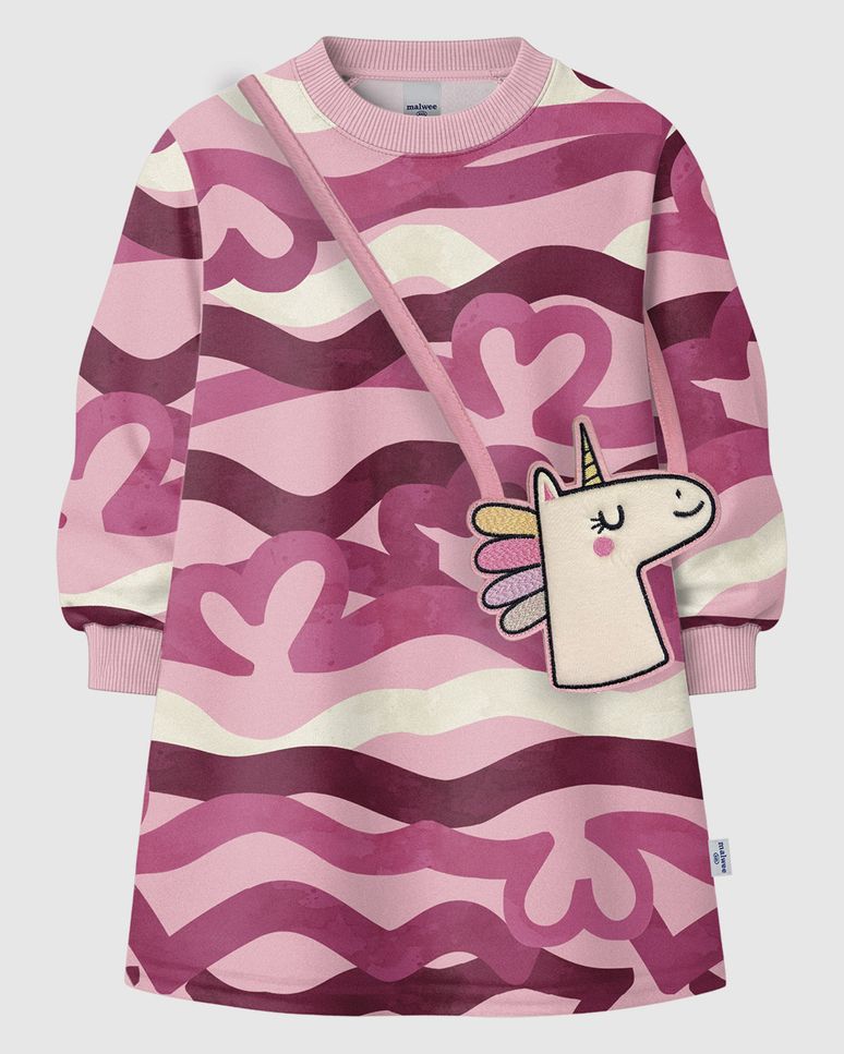 Vestido Infantil Estampado Manga Longa Acompanha Bolsa Em Moletinho Malwee Kids
