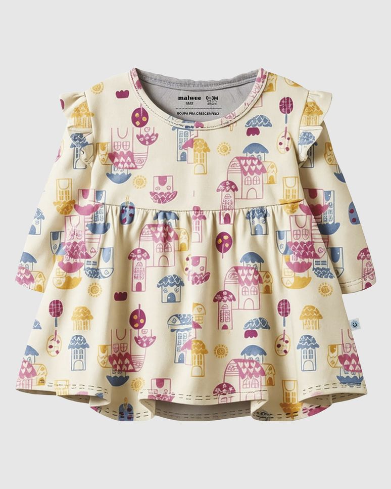 Vestido Infantil Babado Ombro Manga Longa Em Algodão Malwee Kids