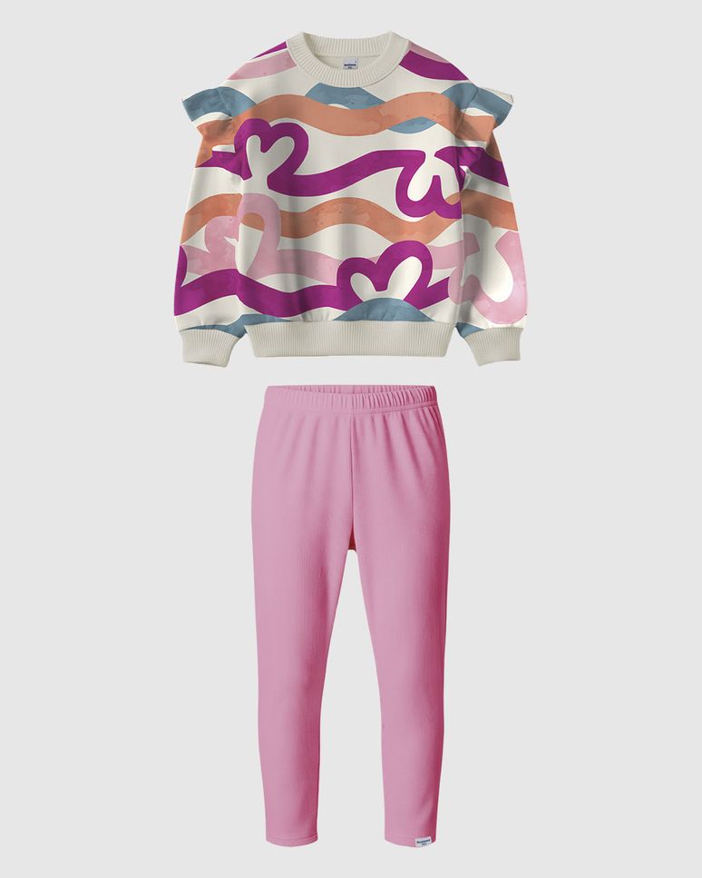 Conjunto Infantil Menina Blusão Estampado Babado Ombro Moletinho Malwee Kids