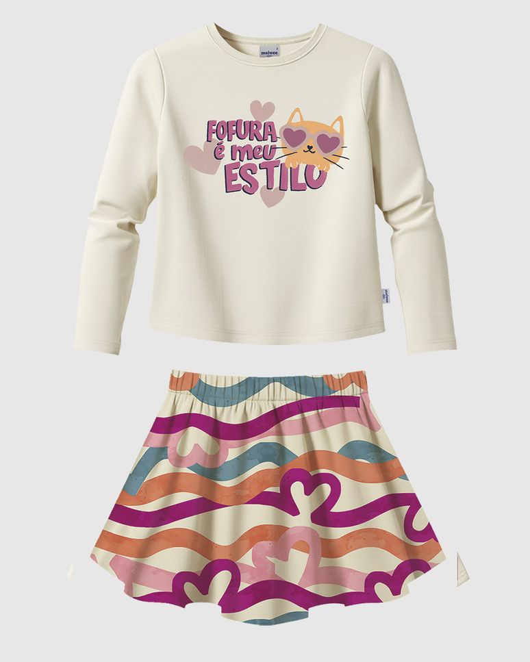 Conjunto Infantil Menina Blusa Manga Longa E Saia Estampada Malwee Kids