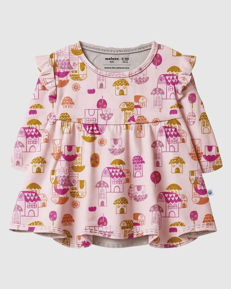 Vestido Infantil Babado Ombro Manga Longa Em Algodão Malwee Kids