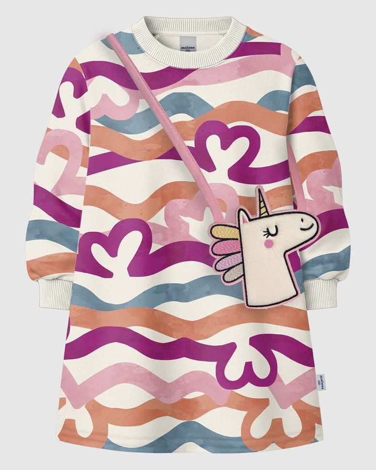 Vestido Infantil Estampado Manga Longa Acompanha Bolsa Em Moletinho Malwee Kids