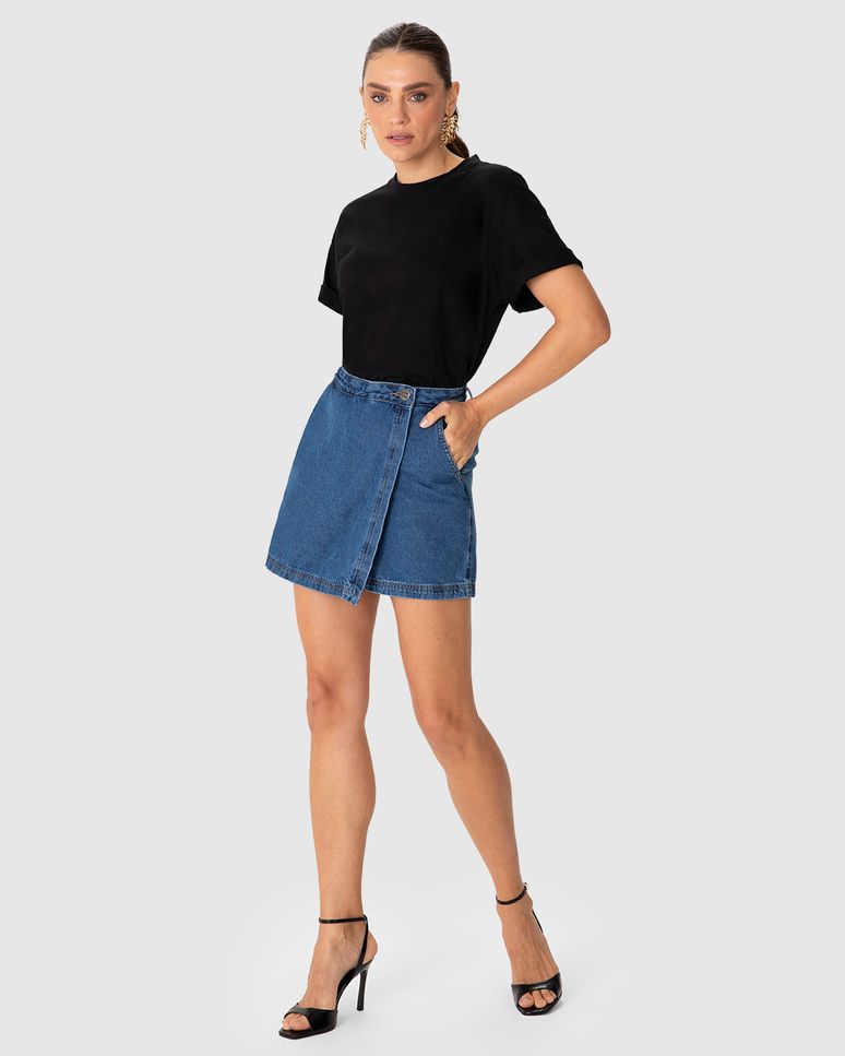 Shorts Saia Feminino Evasê Cintura Média Em Jeans 100% Algodão - ENFIM