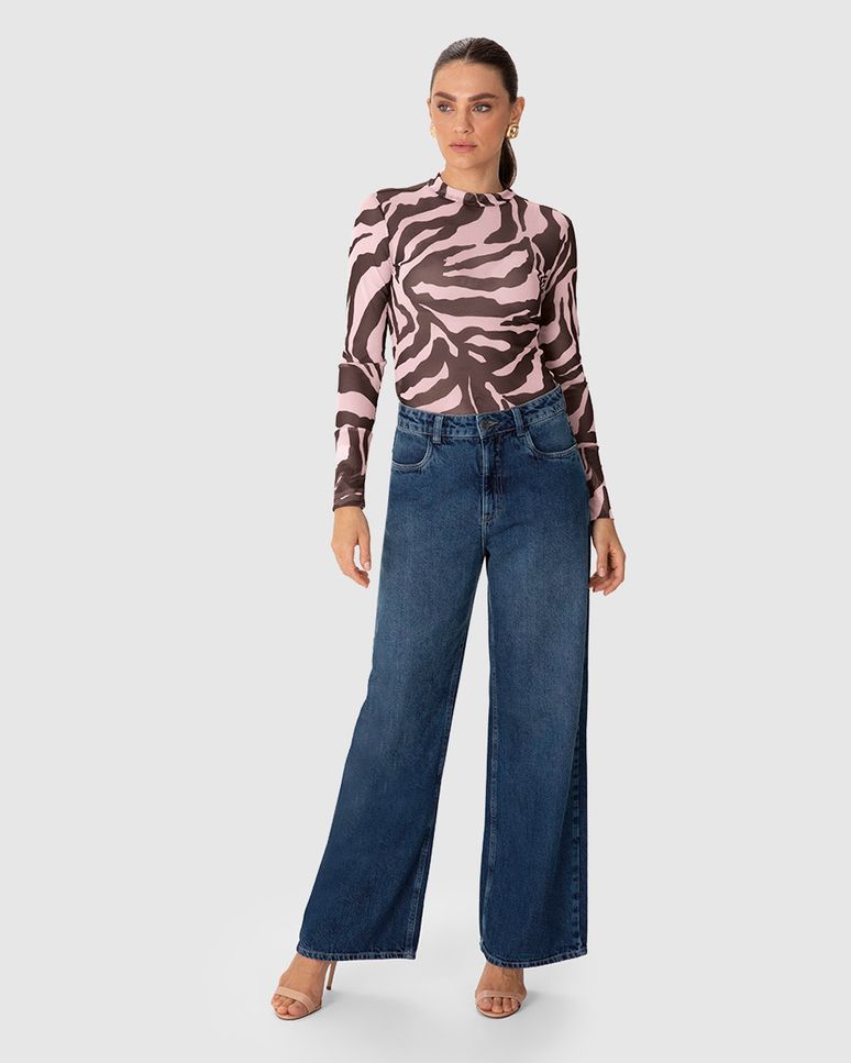 Blusa Justa Feminina Zebra Gola Alta Manga Longa Em Tule Stretch - ENFIM