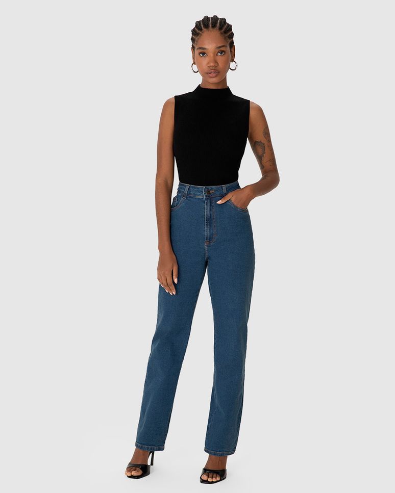Calça Feminina Reta Cintura Alta Bolso Funcional Em Jeans Stretch - ENFIM