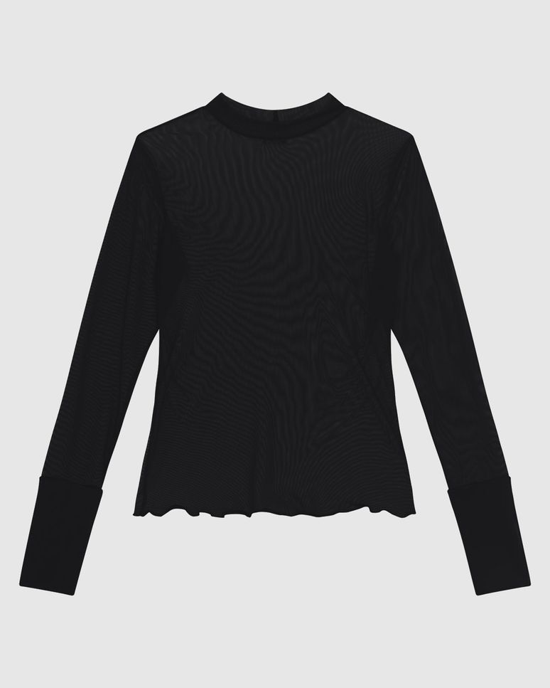 Blusa Justa Feminina Gola Alta Manga Longa Em Tule Stretch - ENFIM