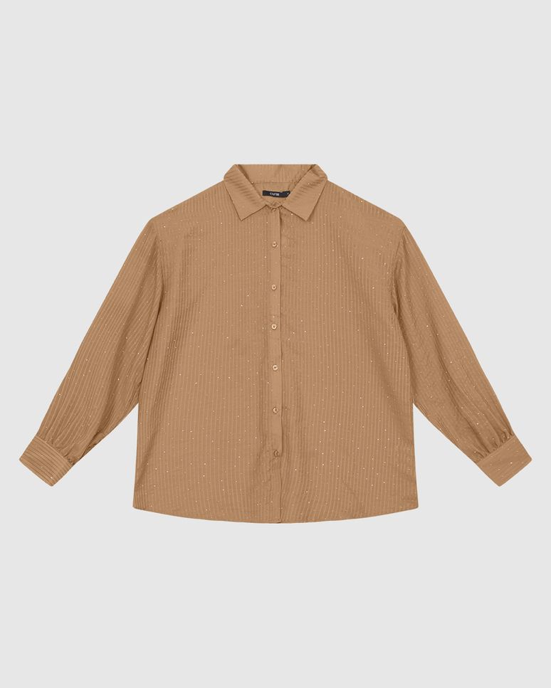 Camisa Ampla Feminina Aplique Strass Em Tecido Listrado Brilho - ENFIM