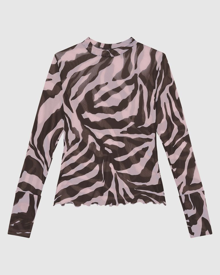 Blusa Justa Feminina Zebra Gola Alta Manga Longa Em Tule Stretch - ENFIM
