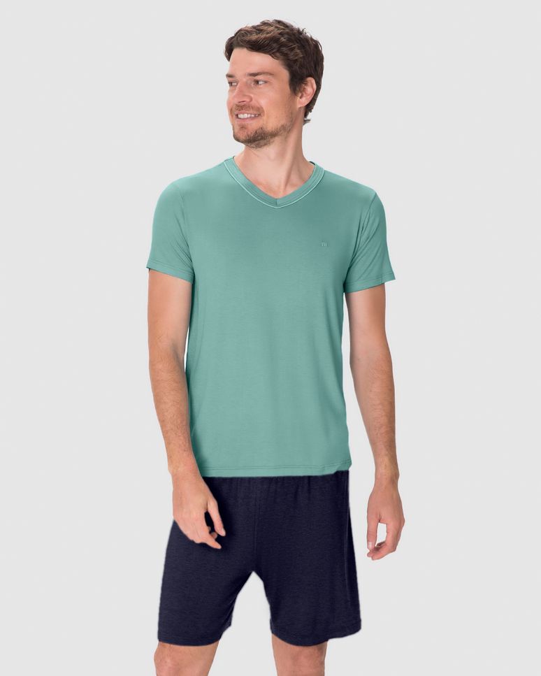 Pijama Curto Masculino Camiseta Decote V Detalhe Costura Em Viscose Stretch