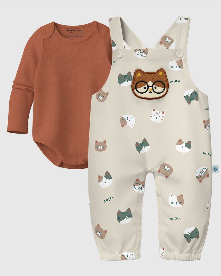 Conjunto Bebê Menino Body + Macacão Estampado Moletom Flanelado Malwee Kids