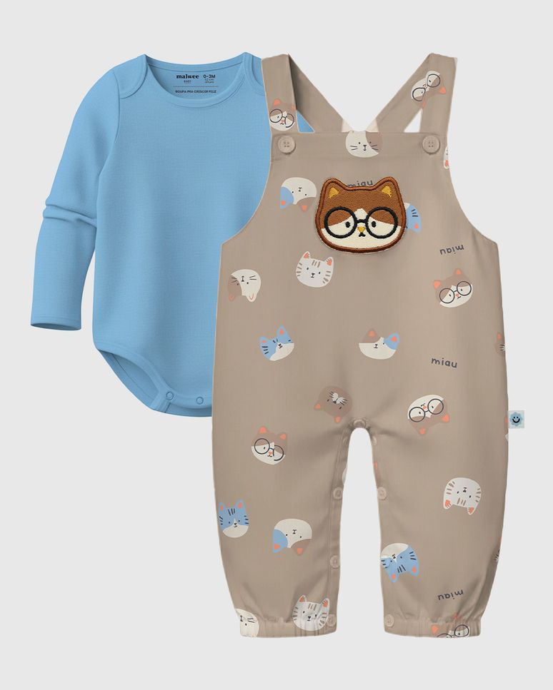 Conjunto Bebê Menino Body + Macacão Estampado Moletom Flanelado Malwee Kids