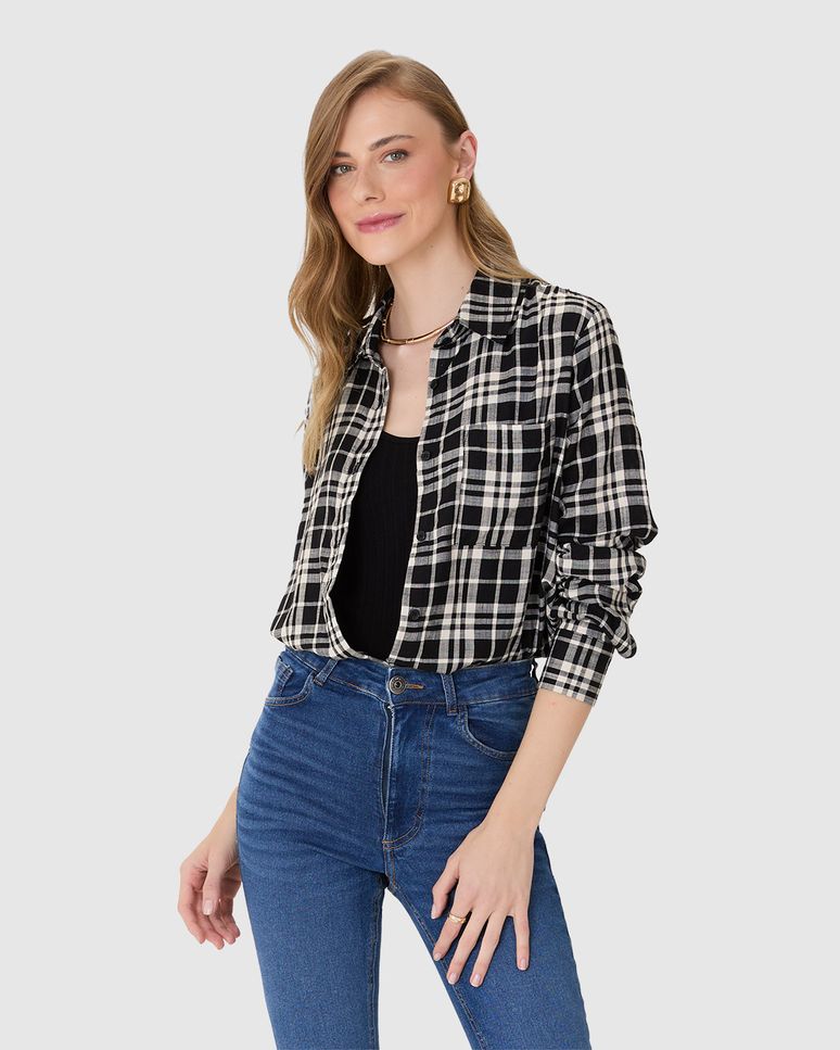 Camisa Feminina Manga Longa Xadrez Em Viscose Sarjada