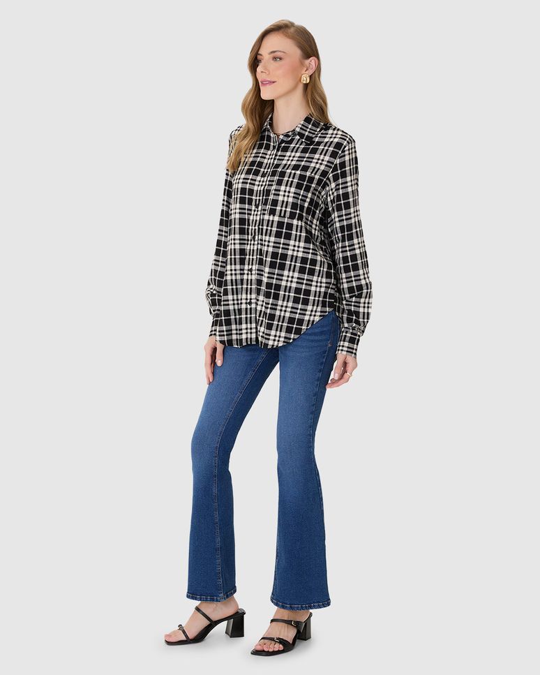 Camisa Feminina Manga Longa Xadrez Em Viscose Sarjada