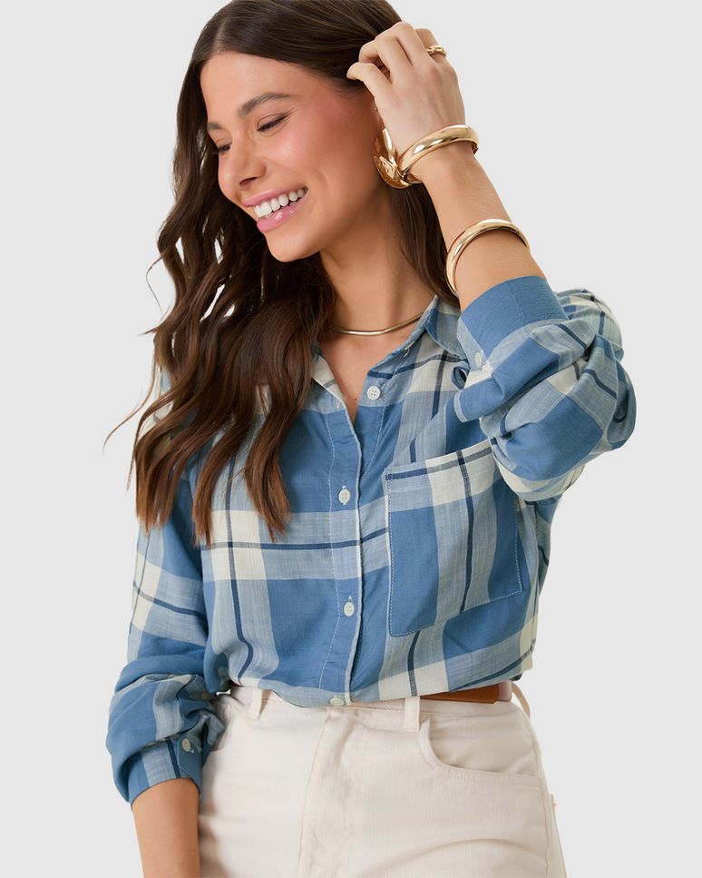 Camisa Feminina Manga Longa Xadrez Em Viscose Sarjada