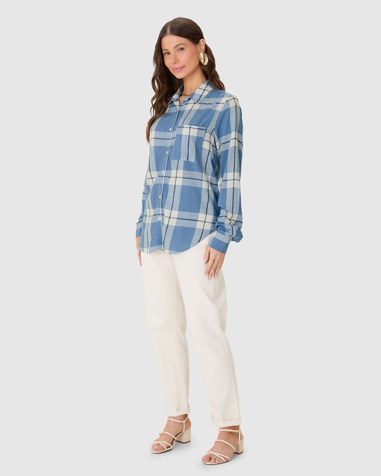 Camisa Feminina Manga Longa Xadrez Em Viscose Sarjada