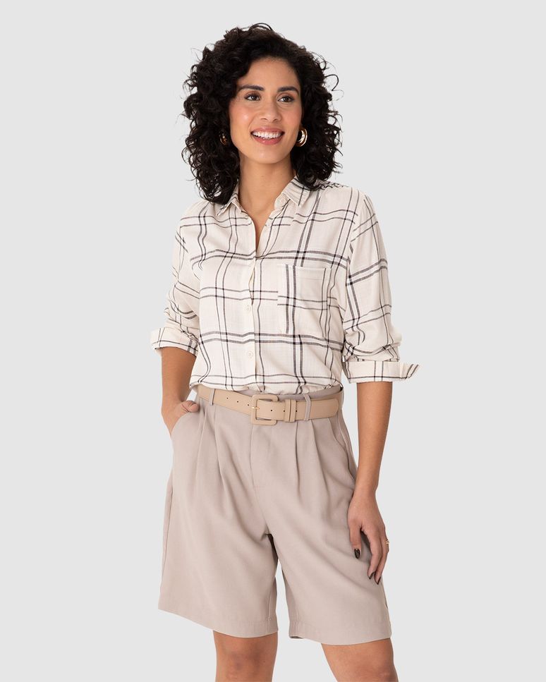 Camisa Feminina Manga Longa Xadrez Em Viscose Sarjada