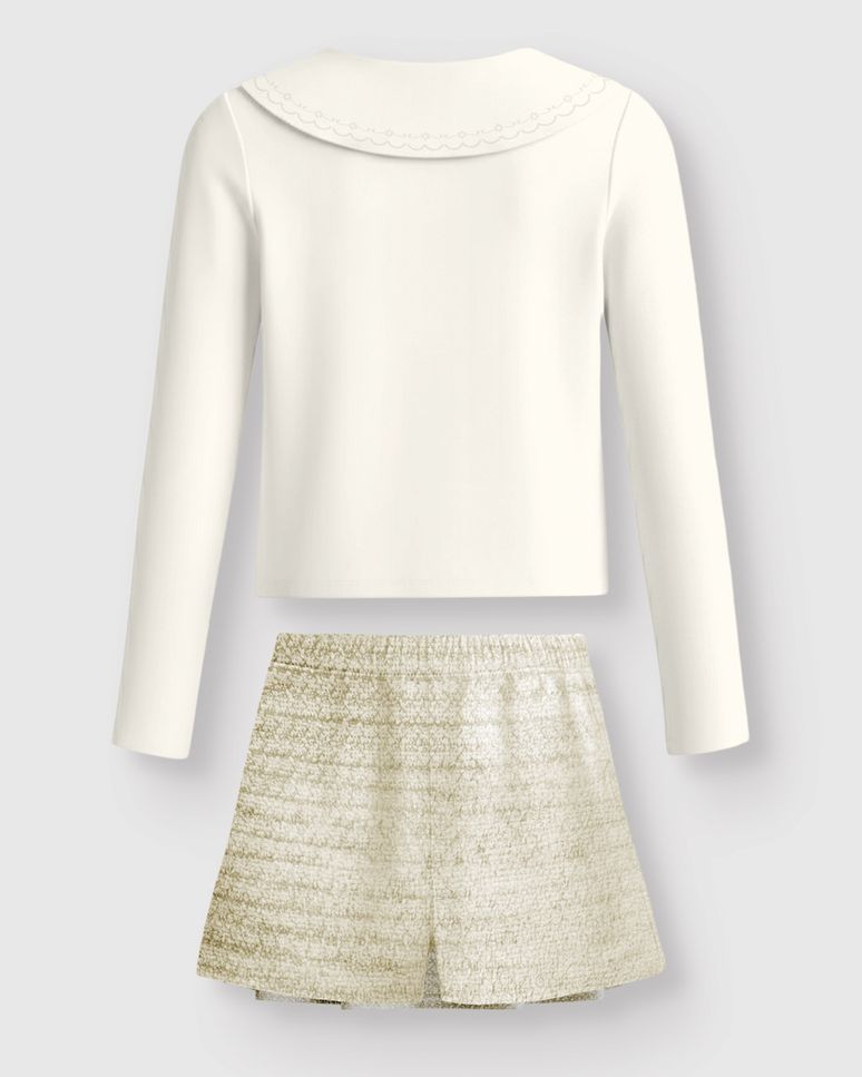 Conjunto Menina Blusa Manga Longa Bordado Na Gola E Shorts Saia - Carinhoso