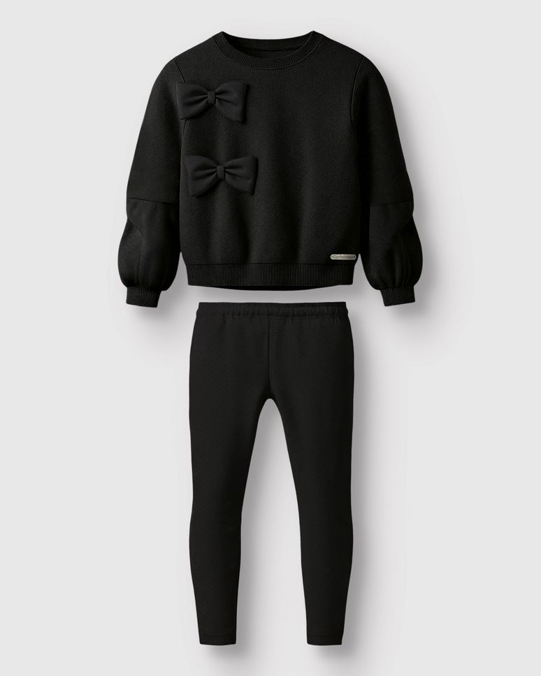 Conjunto Menina Blusão Manga Bufante Com Laços E Calça - Carinhoso