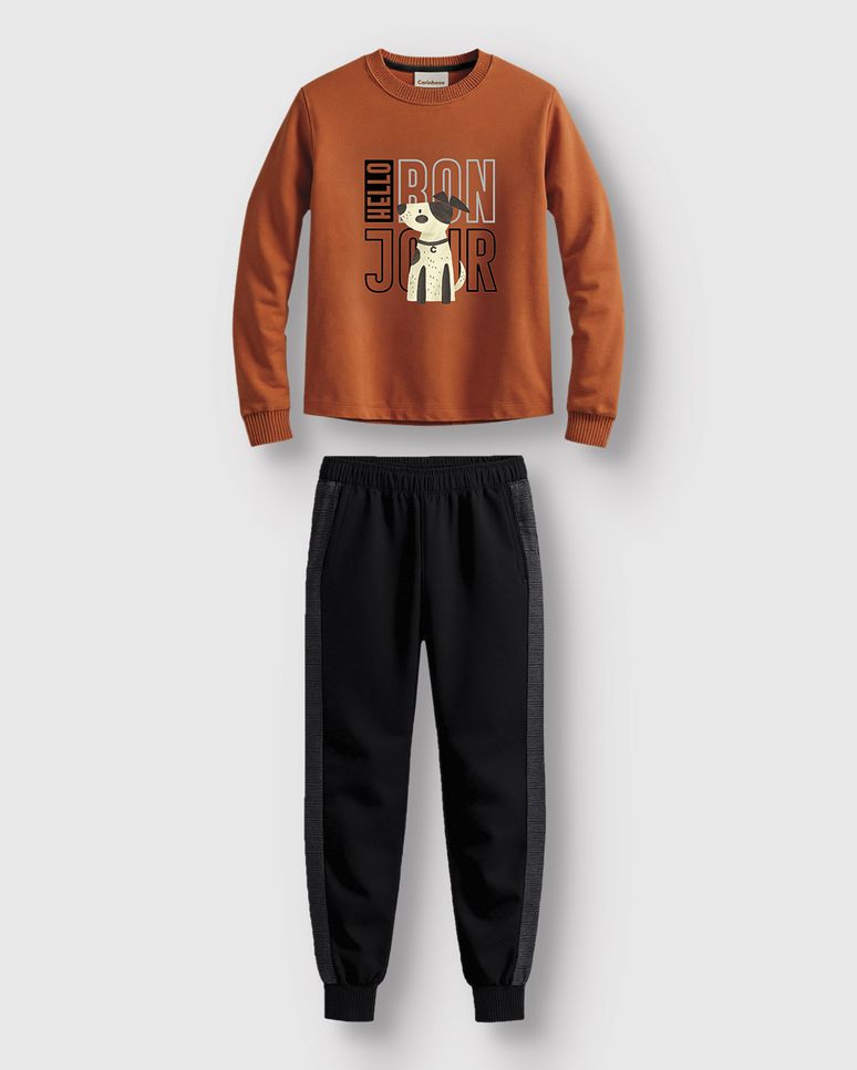 Conjunto Menino Camiseta Hello Bon Jour E Calça Moletom - Carinhoso