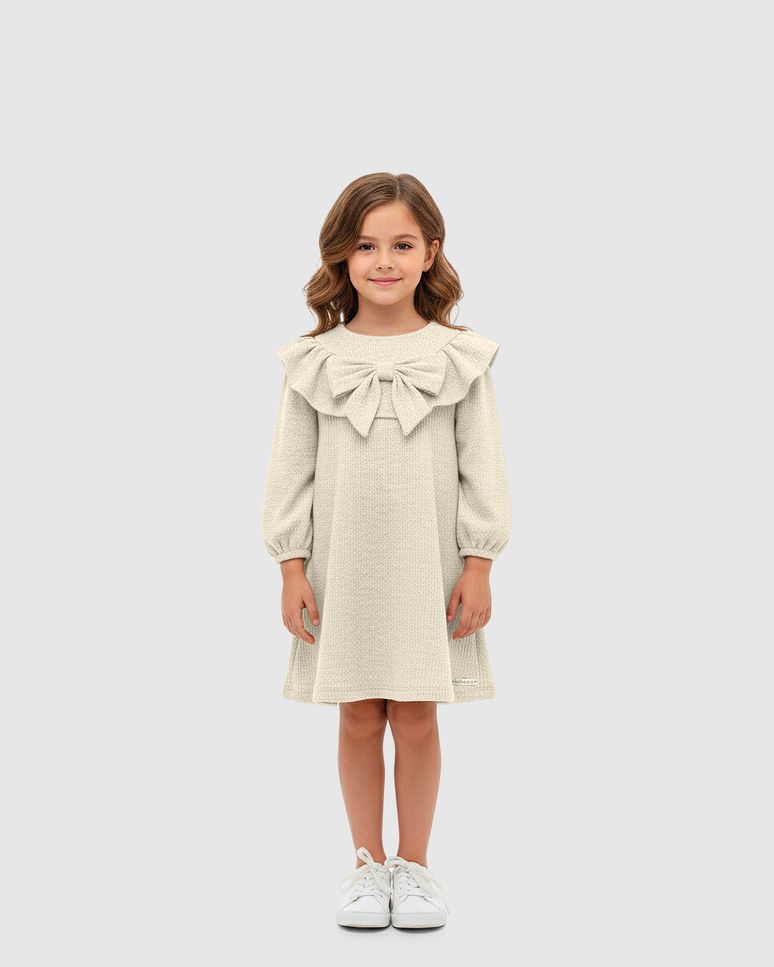 Vestido Menina Amplo Detalhe Laço E Babado Em Malha Texturizada - Carinhoso