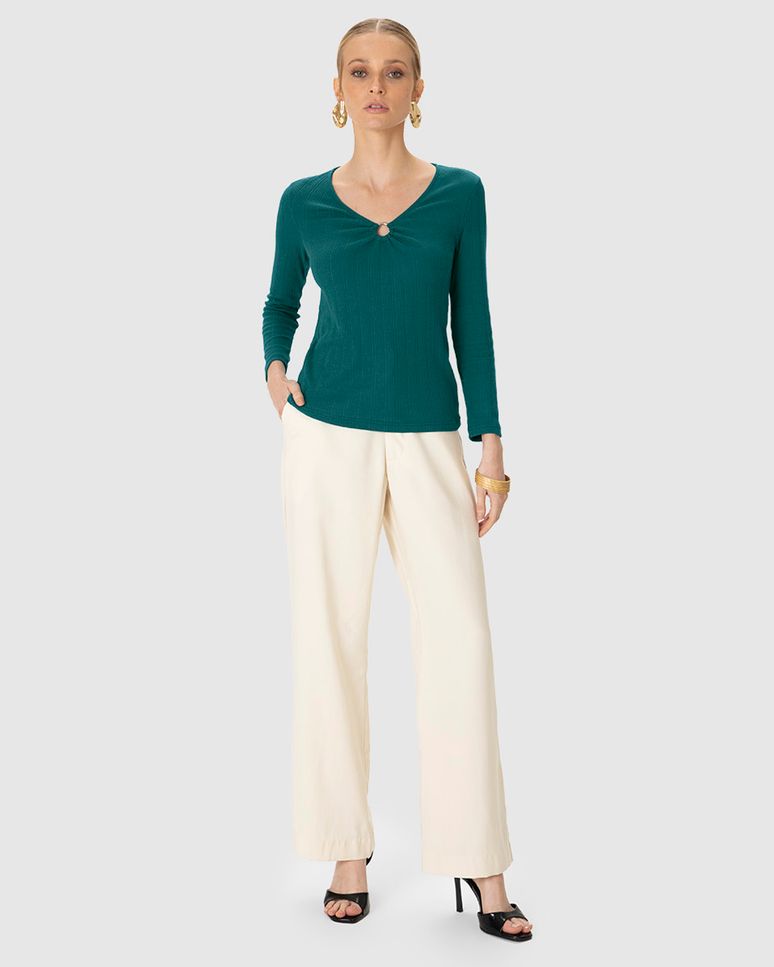 Blusa Feminina Gola V Detalhe Argola E Manga 7/8 Em Tricô Jacquard - ENFIM