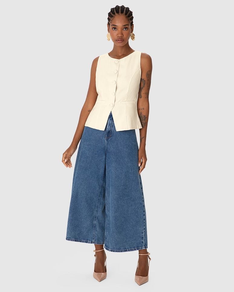 Colete Alongado Feminino Fechamento Por Botões Forrados Em Viscose Sarjada - ENFIM