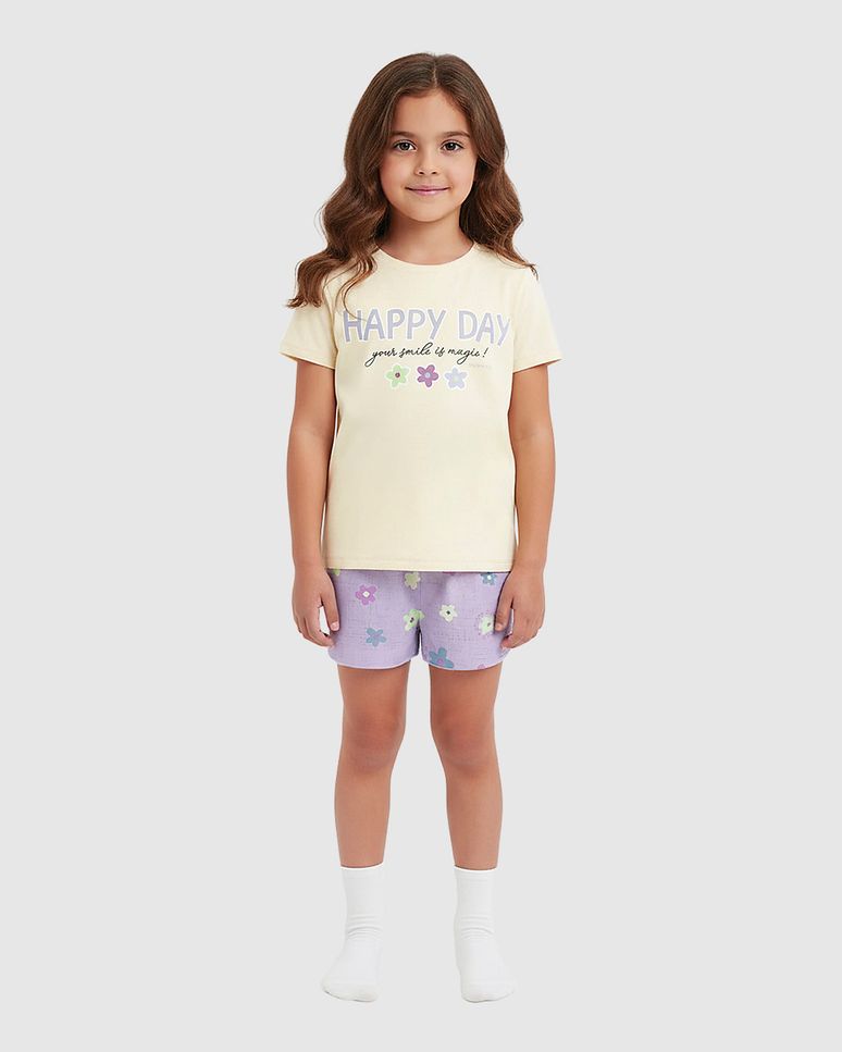 Pijama Curto Infantil Menina Blusa Happy Day Em Algodão Malwee Kids