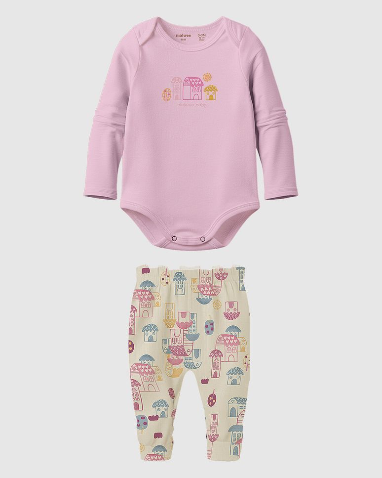 Conjunto Bebê Menina Body Manga Longa E Calça Estampada Malwee Kids