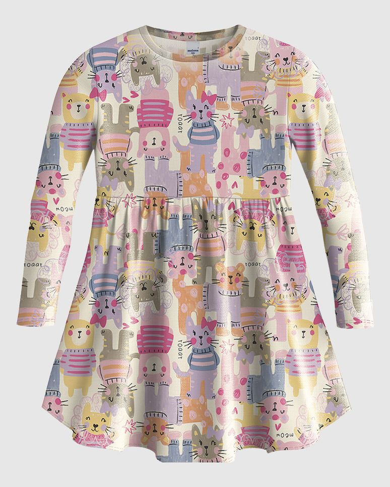 Vestido Infantil Rodado Manga Longa Estampado Em Algodão Malwee Kids