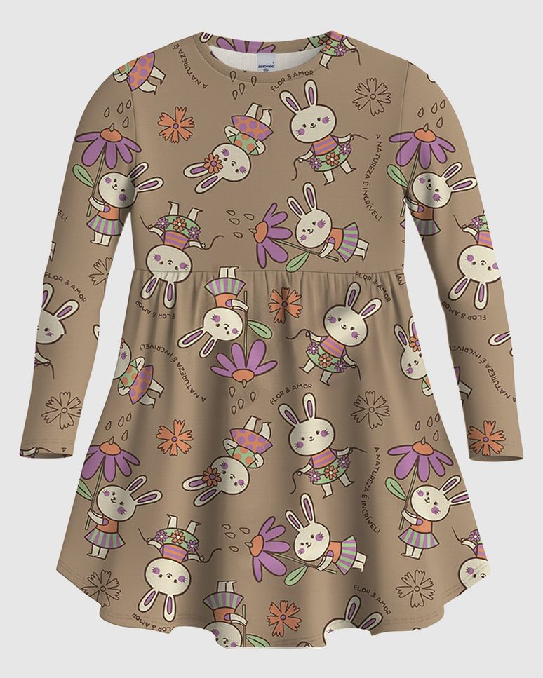 Vestido Infantil Rodado Manga Longa Estampado Em Algodão Malwee Kids