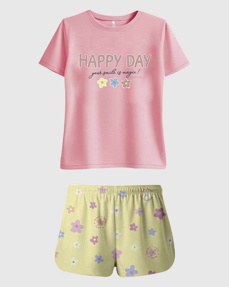 Pijama Curto Infantil Menina Blusa Happy Day Em Algodão Malwee Kids