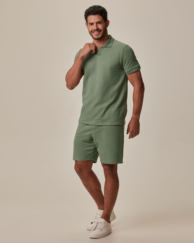 Camisa Polo Masculina Gola V Etiqueta Decorativa Em Moletinho Texturizado