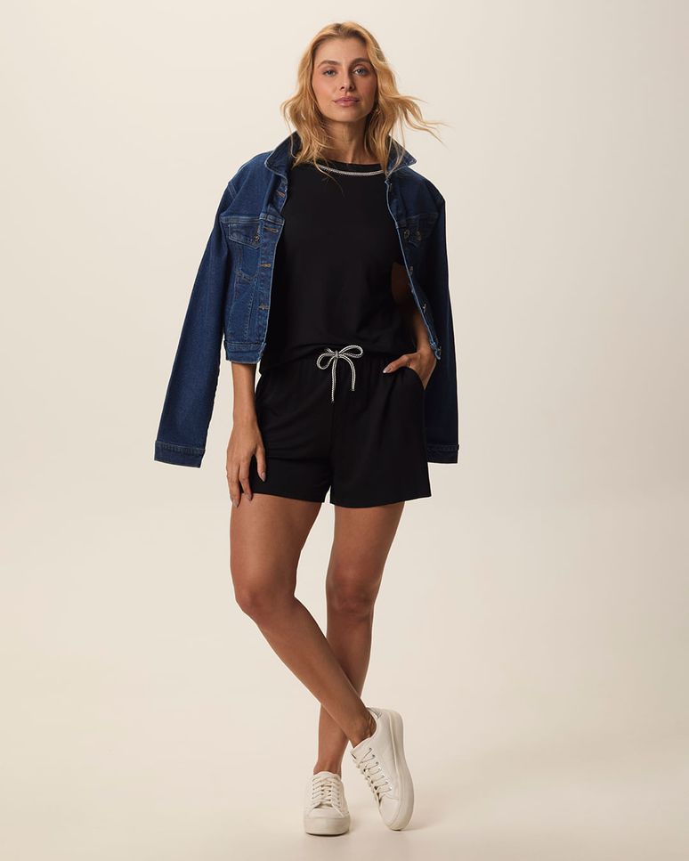 Conjunto Feminino Blusa Gola Detalhada E Shorts Em Moletinho De Viscose