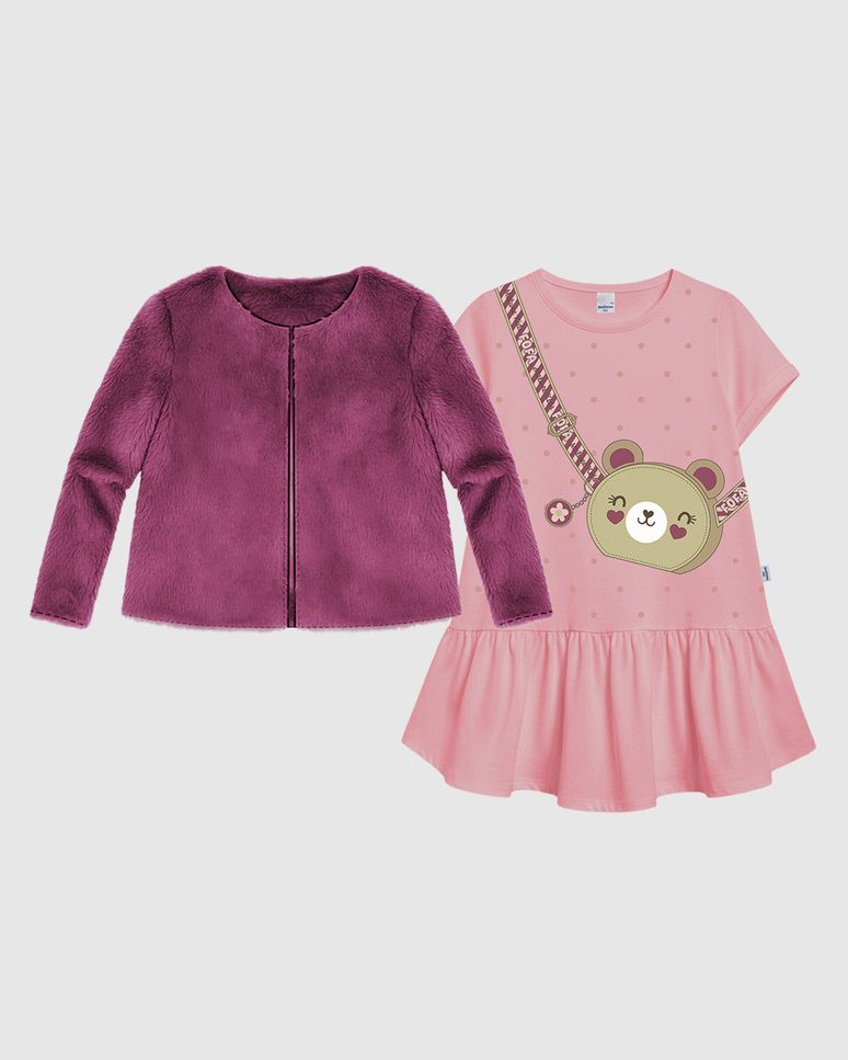 Conjunto Infantil Menina Casaco Pelúcia E Vestido Estampa Ursinho Malwee Kids