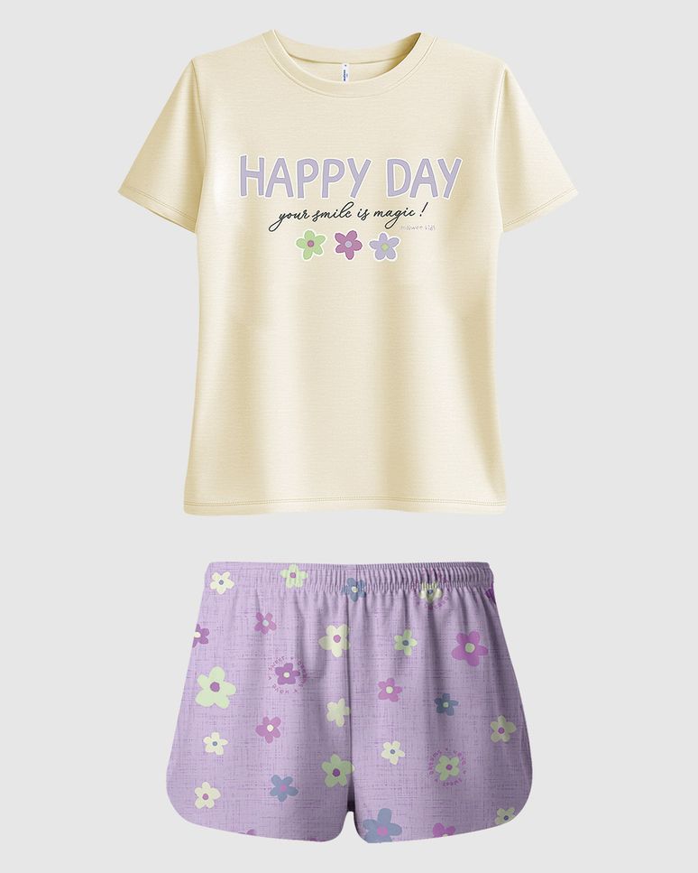 Pijama Curto Infantil Menina Blusa Happy Day Em Algodão Malwee Kids