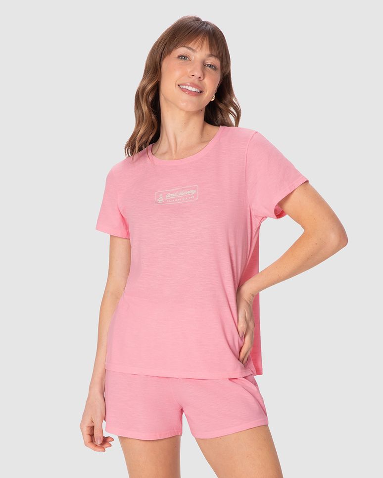Pijama Curto Feminino Blusa Good Morning Pajamas All Day Em Malha Fio A Fio