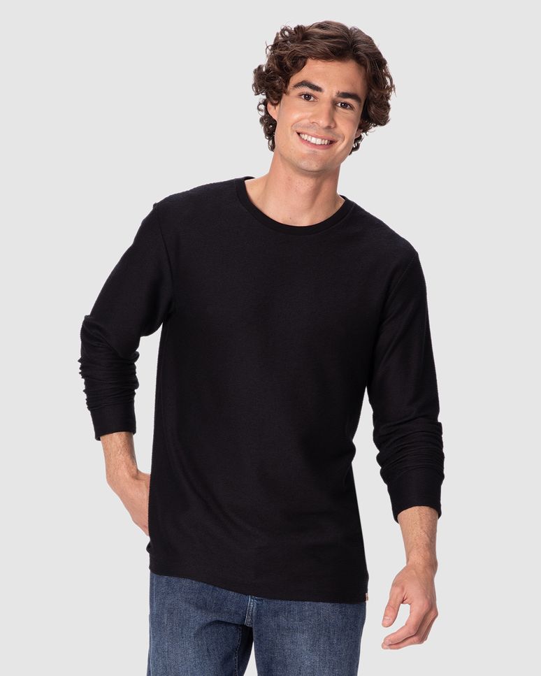 Camiseta Masculina Regular Manga Longa Etiqueta Decorativa Em Malha Texturizada