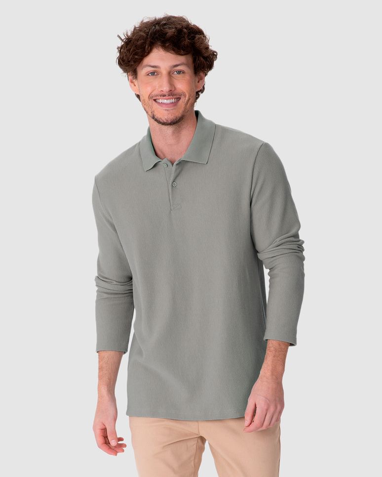 Camisa Polo Masculina Manga Longa Detalhe Aplique Em Malha Texturizada