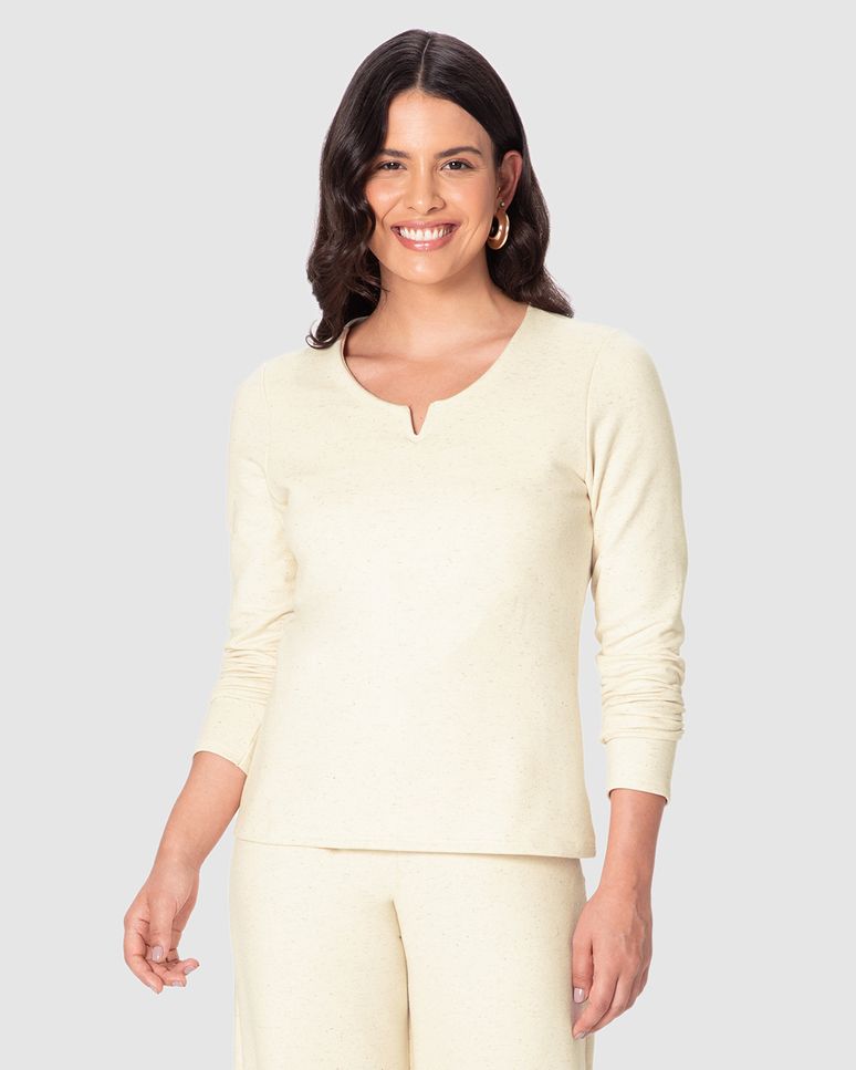 Blusa Feminina Decote Duplo V Manga Longa Em Moletom Linho