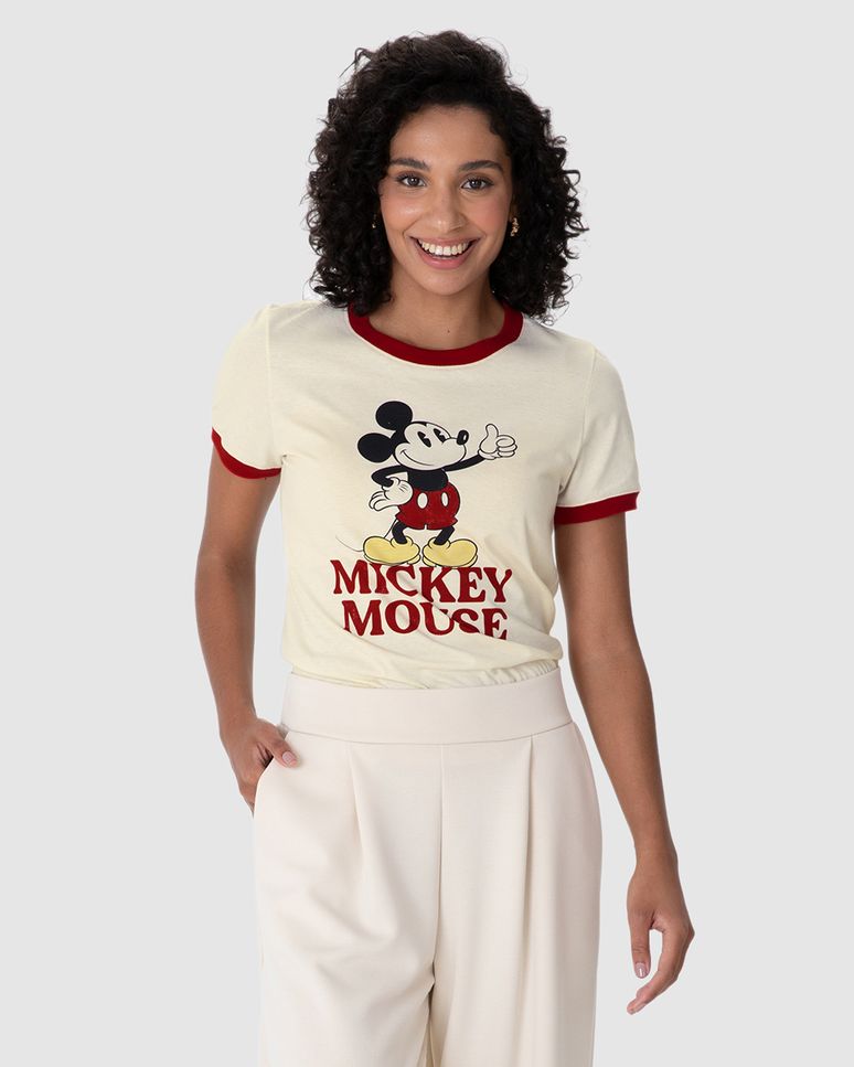 Camiseta Feminina Gola E Manga Contraste Mickey Mouse Em Algodão