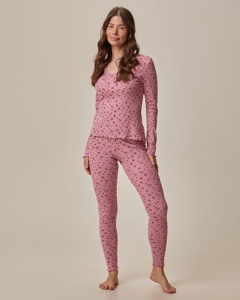 Pijama Longo Feminino Blusa E Calça Legging Estampa Com Glitter Em Ribana
